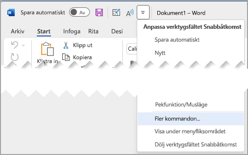 Anpassa verktygsfältet Snabbåtkomst med Fler kommandon markerat