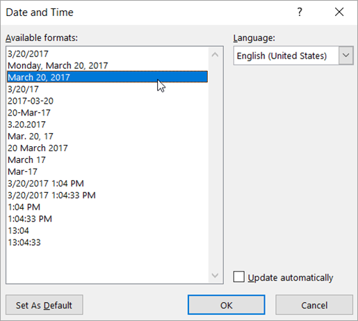 The Date and Time dialog box