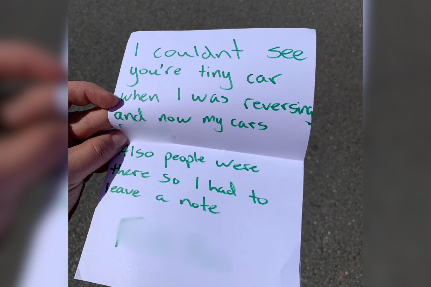 Man returns to parked car damaged—note on windshield makes it worse