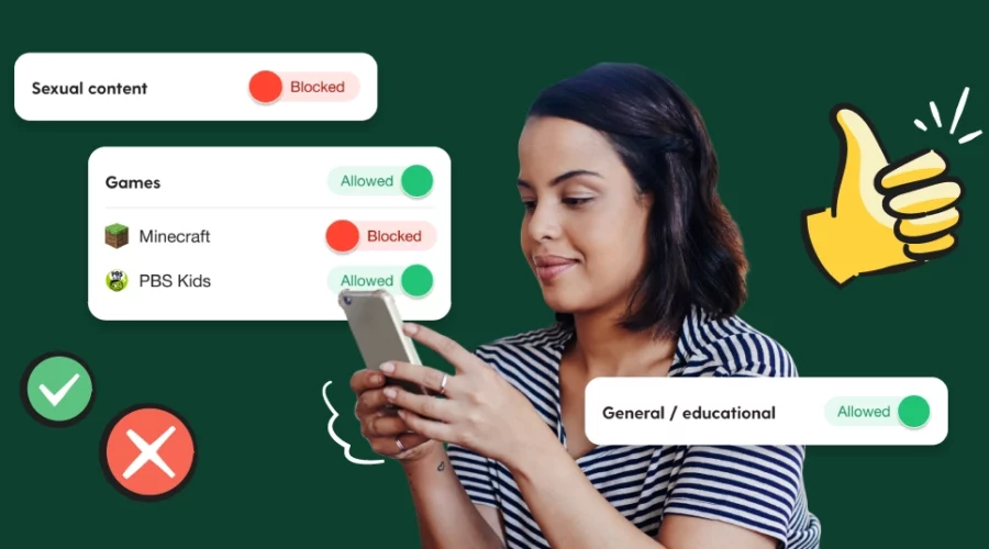 parent on a smartphone with illustarted parental control screens