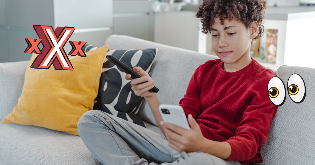 A kid sitting on a couch, holding remote, and looking down at phone. Triple X and side eye graphics added.