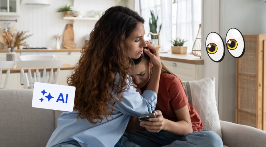 A mom hugging her distressed daughter, who's looking at a phone. The side-eye emoji and the words "AI" are added to the image around them.