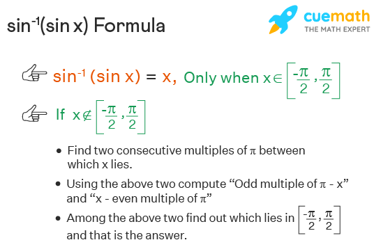 sin-1(sin x) formula is shown. Sin inverse sin of x is x only when x lies in the interval [minus pi over 2, pi over 2]. If not, we will find two consecutve multiples of pi. Find "odd multiple of π - x" and "x - even multiple of π". Whichever lies between the above interval is your answer.