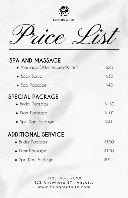 Copy of White Abstract Salon & Spa Price List Tabloi | PosterMyWall