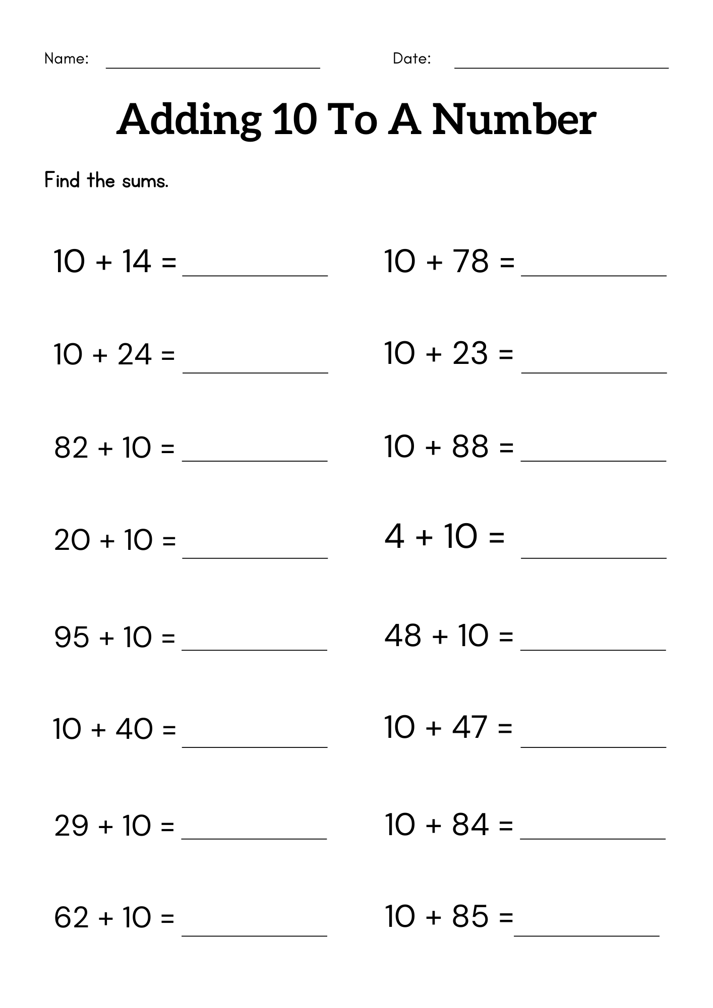 Adding 10 to a number worksheet 1st grade - 10 plus a number worksheets ...