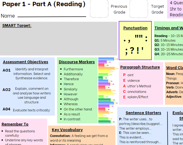 AQA English Language Paper 1 Reading Revision Mat | Teaching Resources