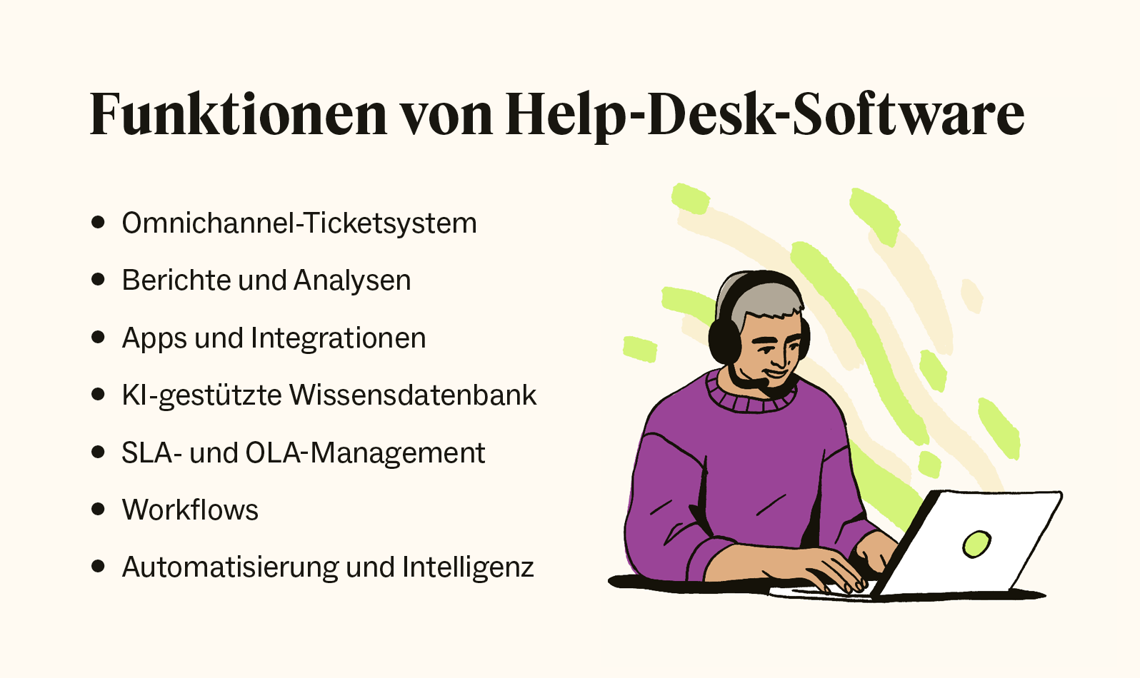 Eine Illustration zeigt eine:n Kundendienst-Mitarbeiter:in mit einem Laptop neben einer Liste der wichtigsten Funktionen von Help-Desk-Software.