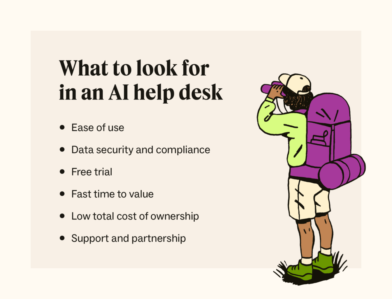 Image displaying hiker with binoculars looking at tips on what to look for in an AI help desk