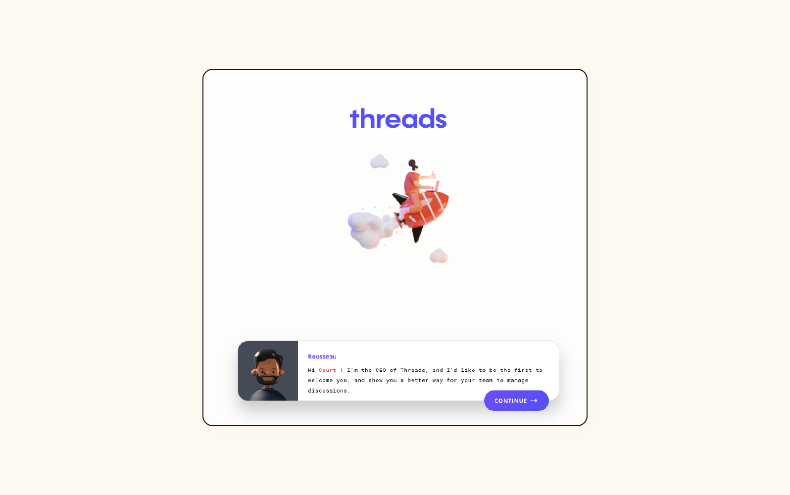 A screenshot of the first login screen for Threads displays a welcoming message.