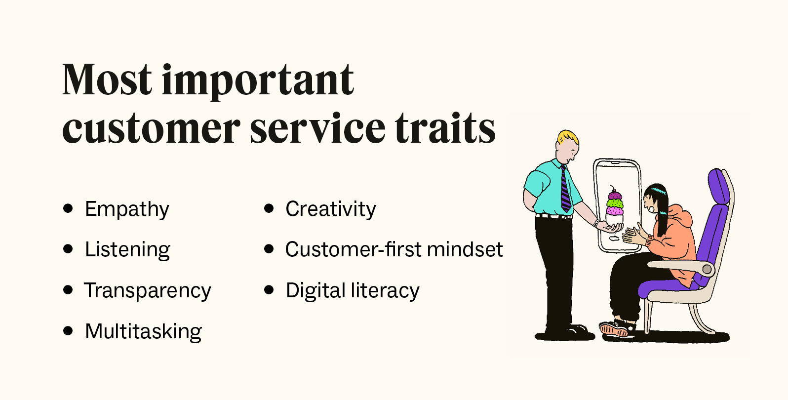 A list of the most important customer service traits, including empathy and creativity.