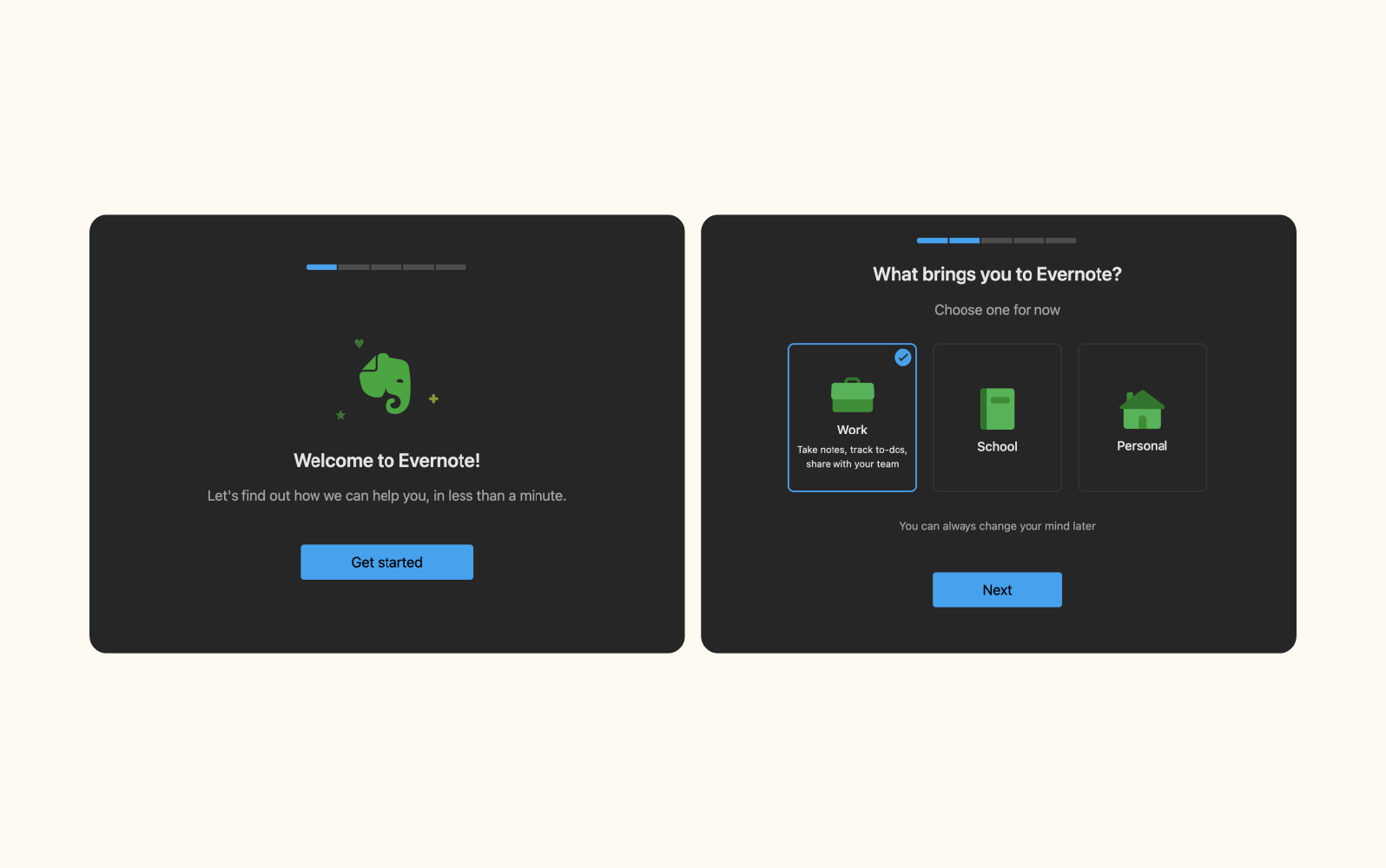 A screenshot displays the Evernote app’s onboarding process.