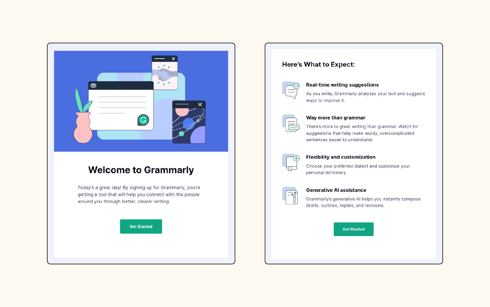 A screenshot of a Grammarly welcome email displays actionable tips.