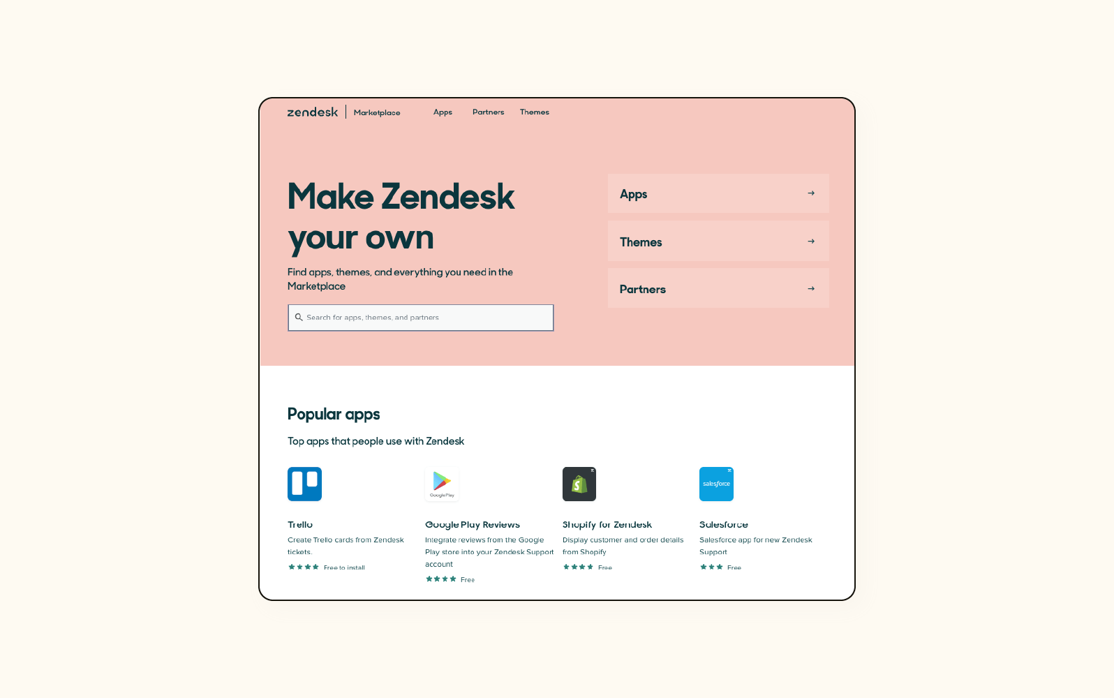 A screenshot of Zendesk Marketplace displays easy-to-implement integrations.