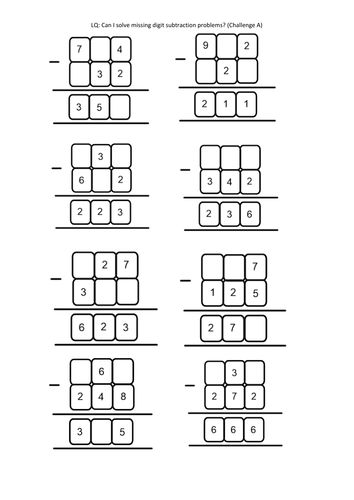 Year 4/5/6 Missing subtraction digit problems (column) Linked to White ...