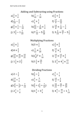 Fractions - Four Operations Worksheet | Teaching Resources