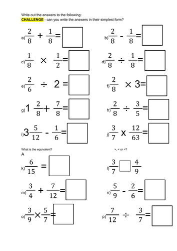 Four Operations Fractions Worksheet (with answers) | Teaching Resources