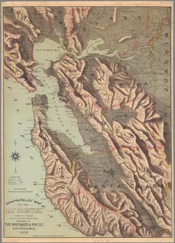 Grapho-Relief Map of the Bay Counties compiled from the latest and most accurate Official Data;Whitaker & Ray Co.;1909;15460.000