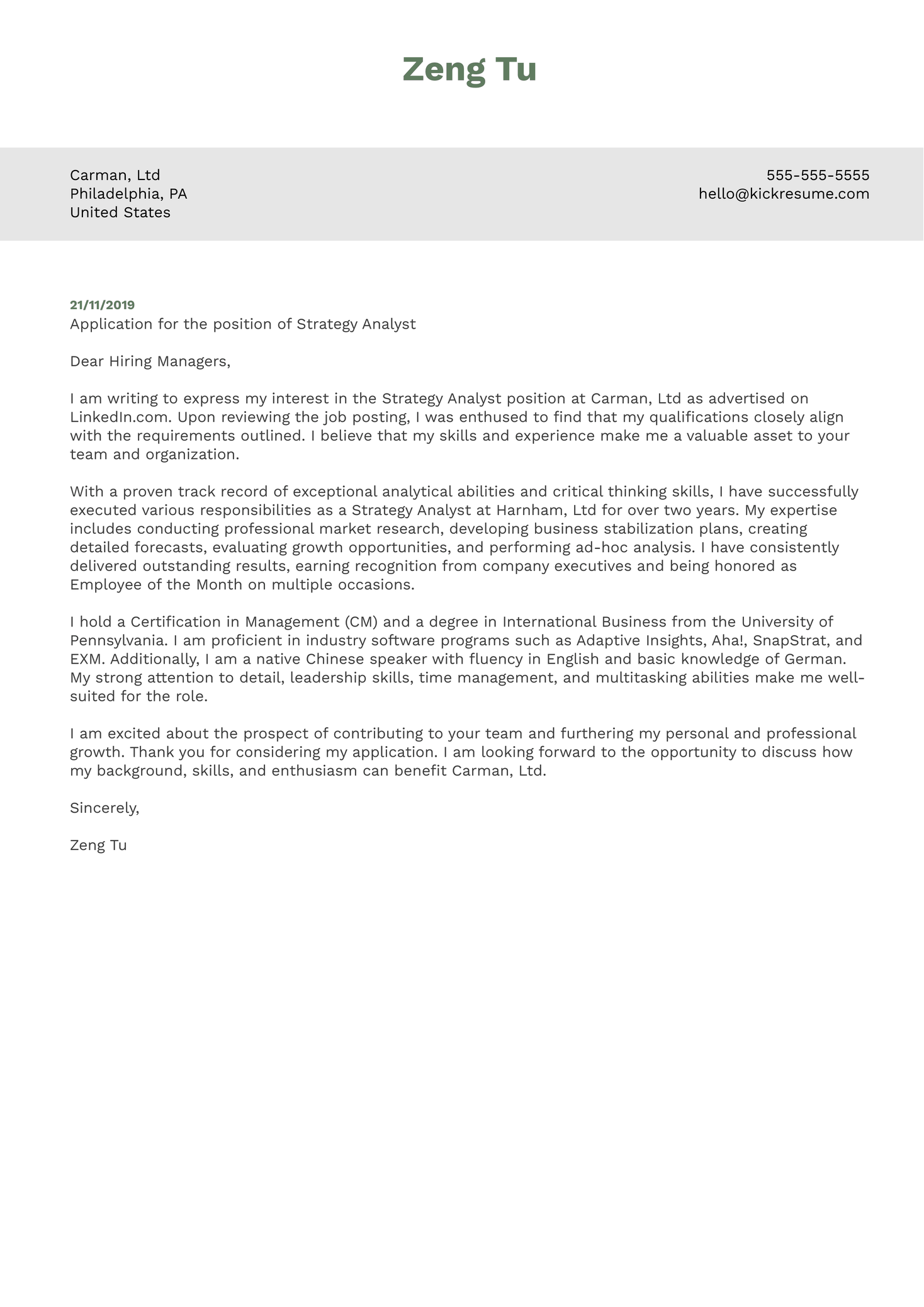 Strategy Analyst Cover Letter Sample