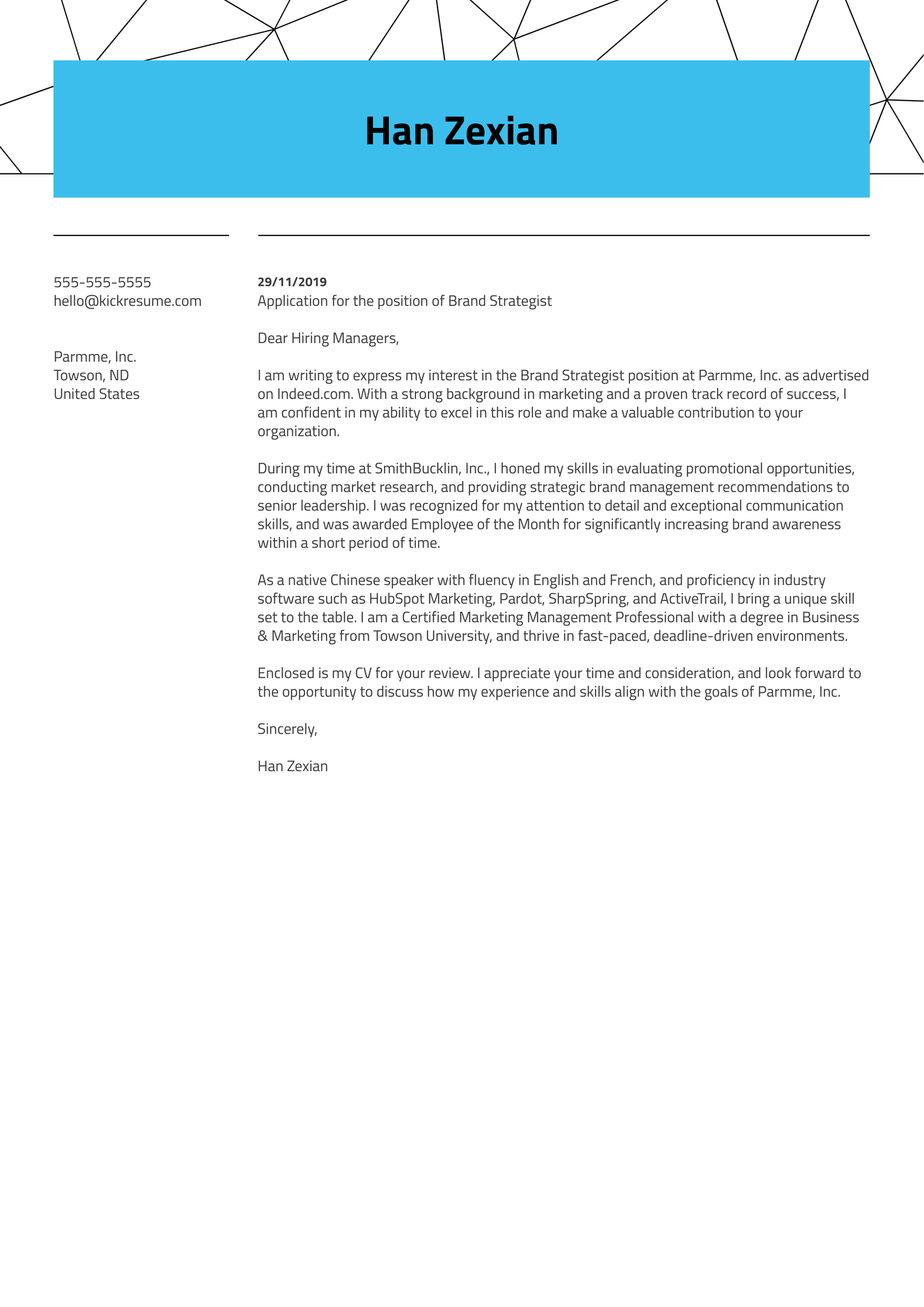 Brand Strategist Cover Letter Example