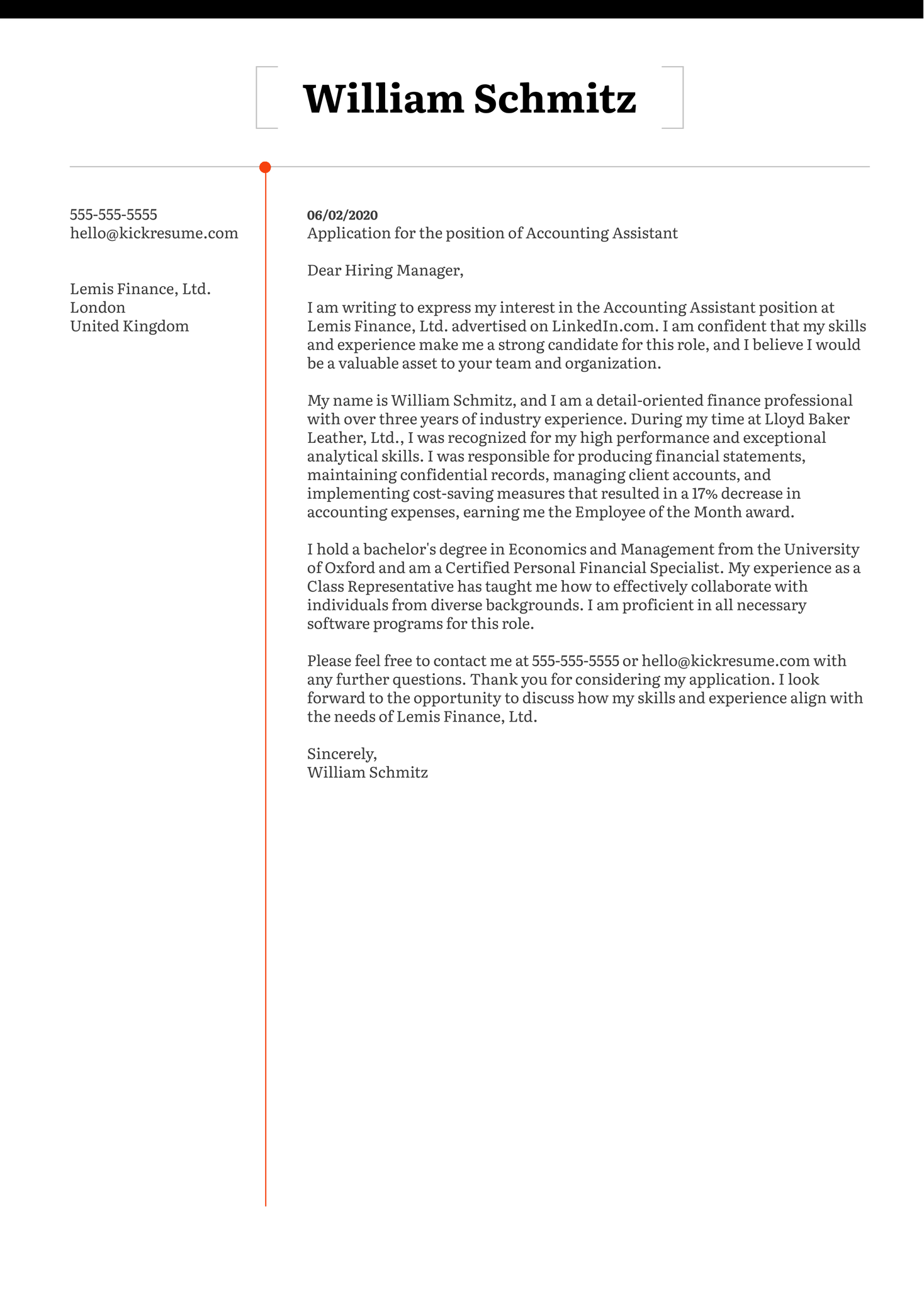 Accounting Assistant Cover Letter Template