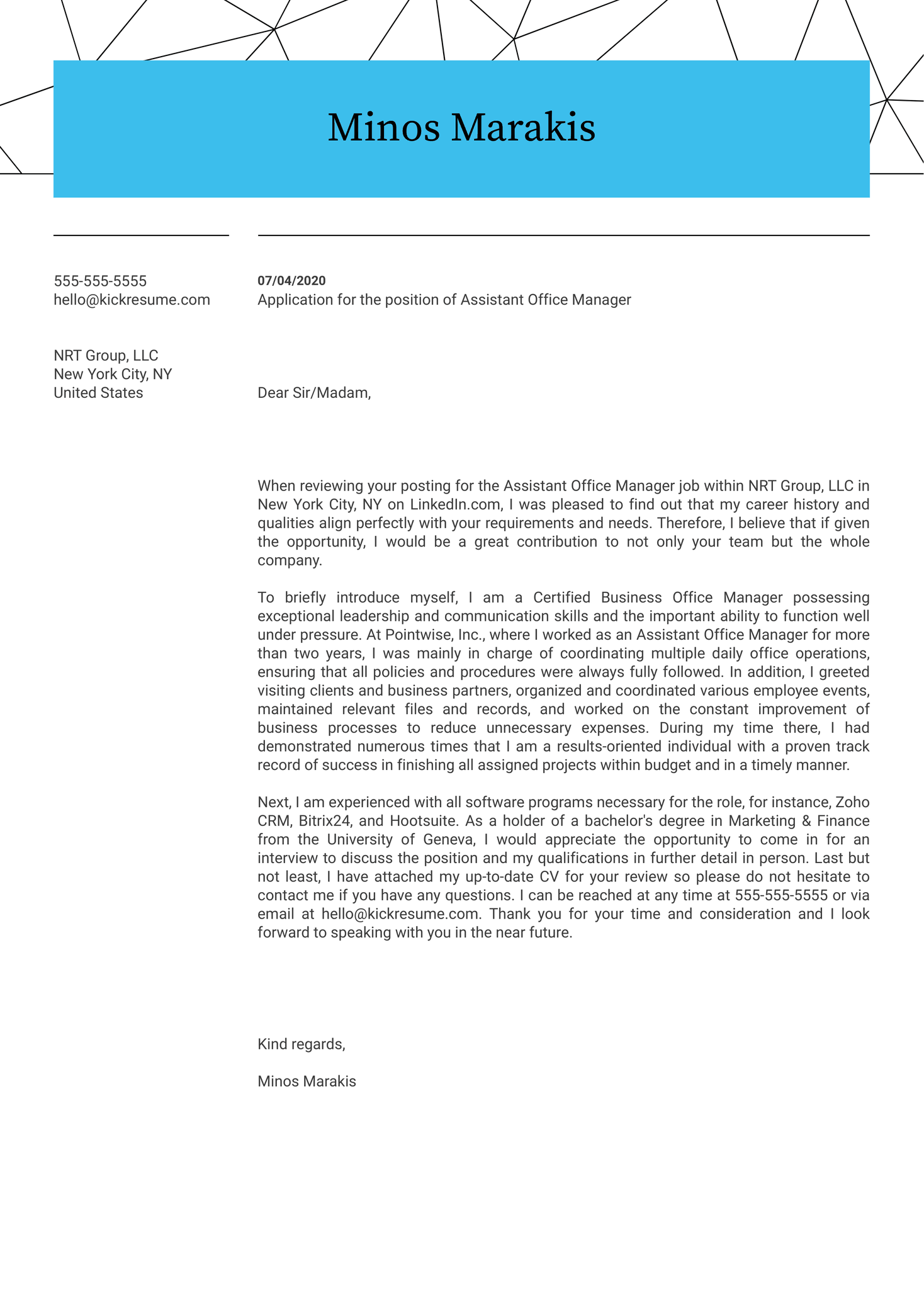 Assistant Office Manager Cover Letter Sample