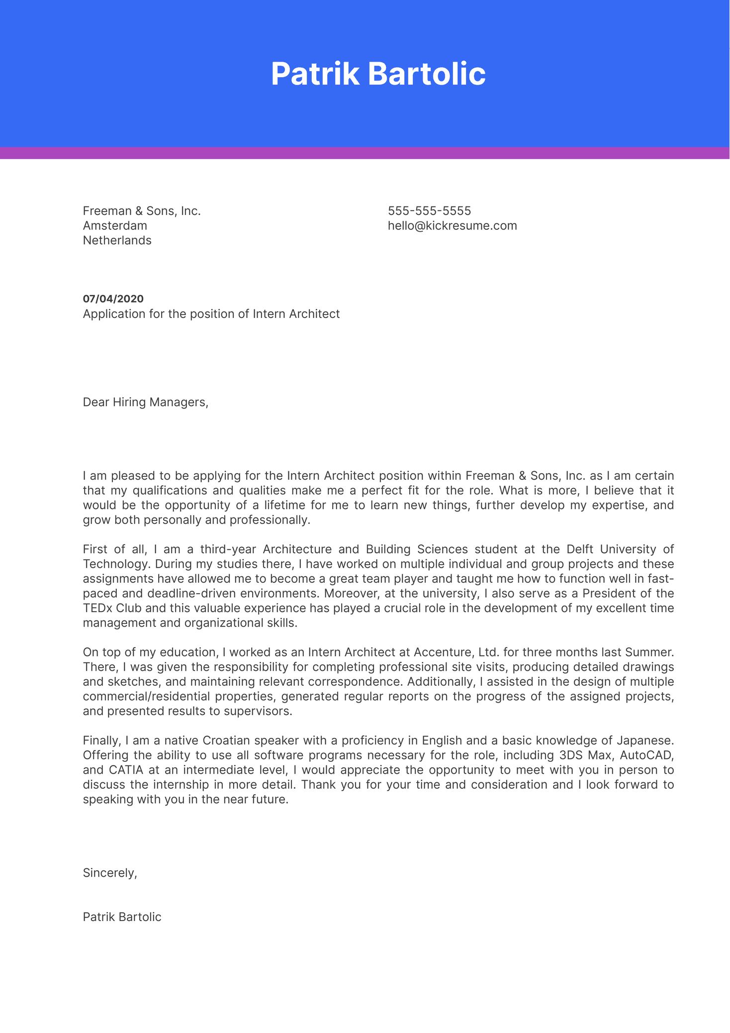 Sample Architect Cover Letter