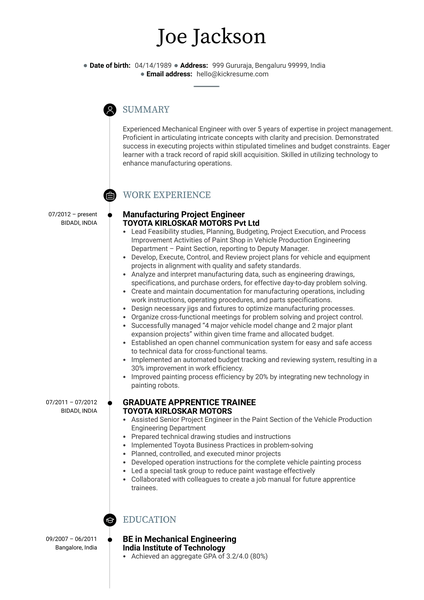 Project Engineer CV Sample