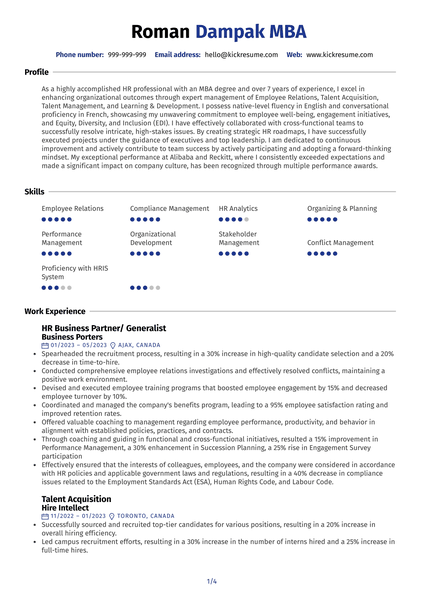 HR Generalist at Business Porters Resume Sample