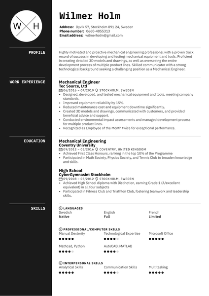 Mechanical Engineer Resume Sample