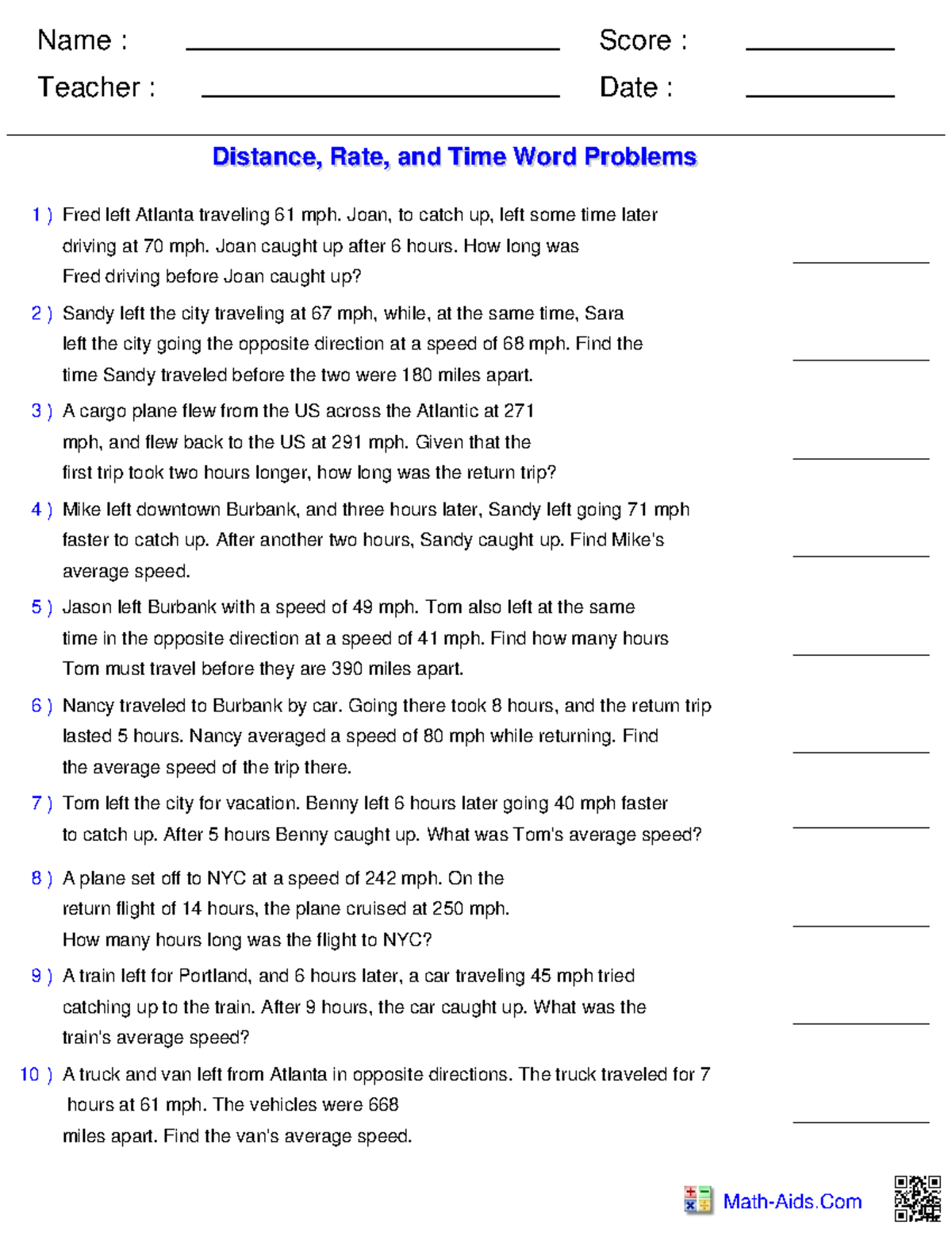 Motion-Problems-1 - ZSb - Name : Teacher : Date : Score : Math-Aids ...