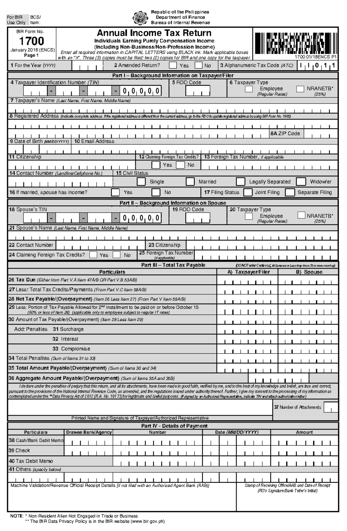 BIR Form No. 1700 Jan 2018 ENCS v6 - BIR Form No**.** 1700 January 2018 ...