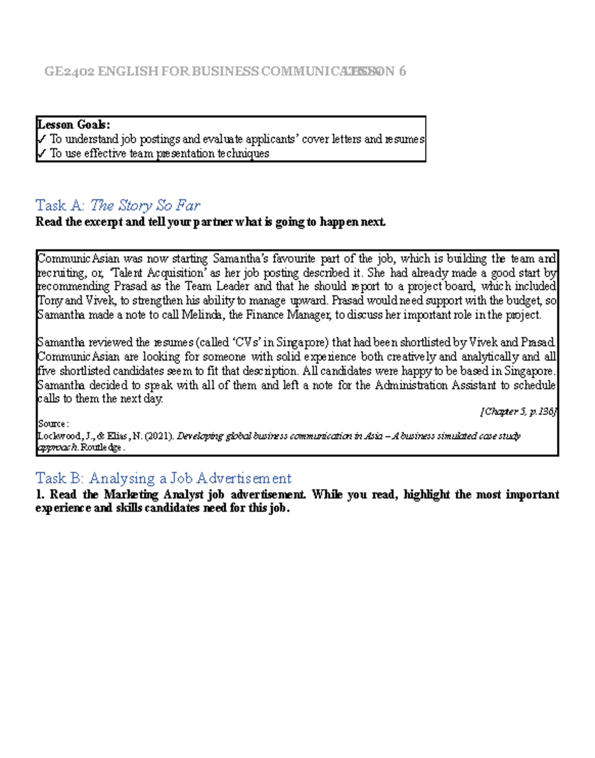 Lesson+6 Handout - GE2402 ENGLISH FOR BUSINESS COMMUNICATIONLESSON 6 ...