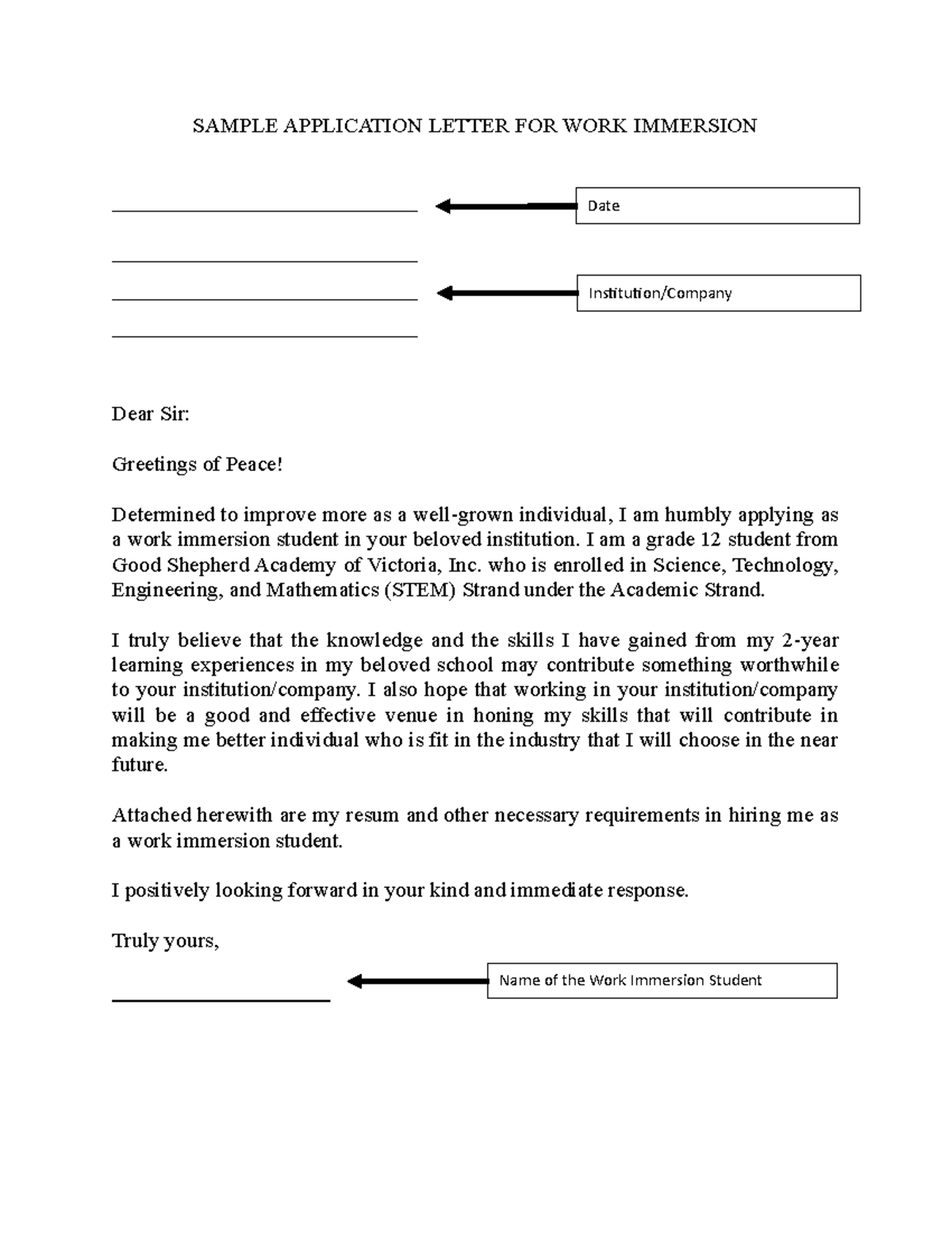 Work Immersion Sample Letter - Printable Templates Free