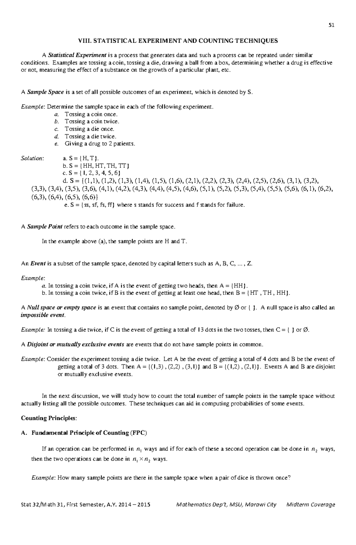 Statistical Experiment AND Counting Techniques - VIII. STATISTICAL ...