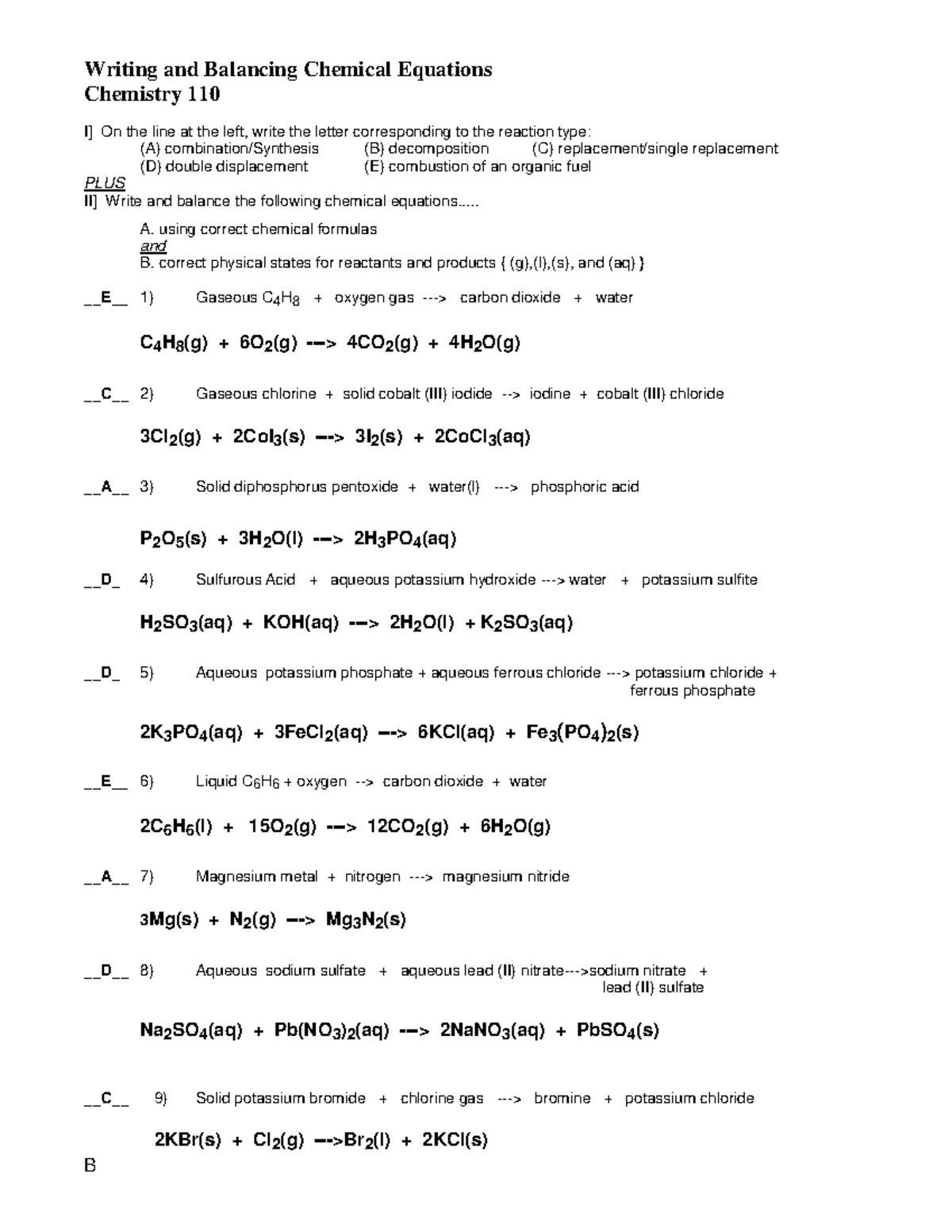 110 WS Writing and Balancing Chemical Equations key - B Writing and ...