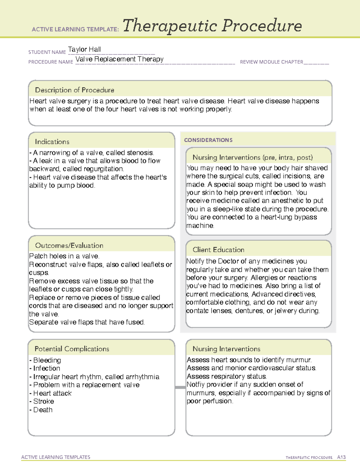 Active Learning Template Therapeutic Procedure Valve Replacement ...