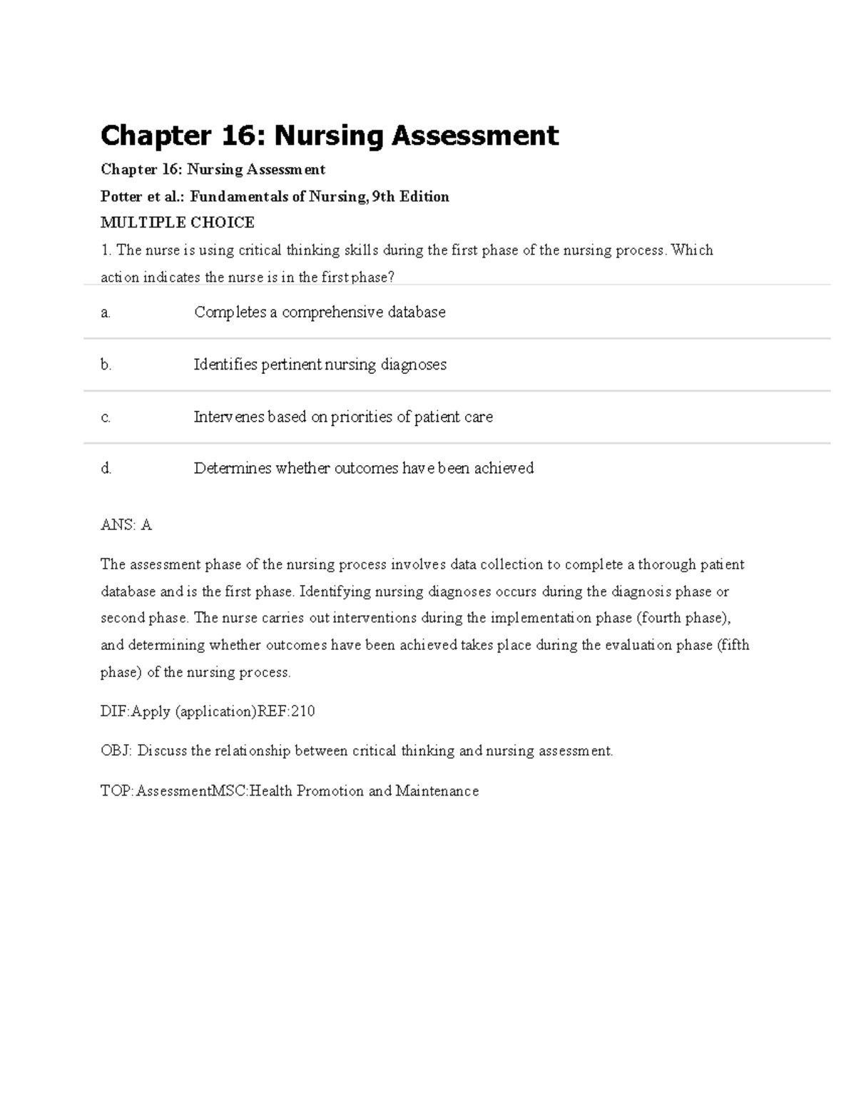 Chapter 16 Nursing Assessment - Chapter 16: Nursing Assessment Chapter ...