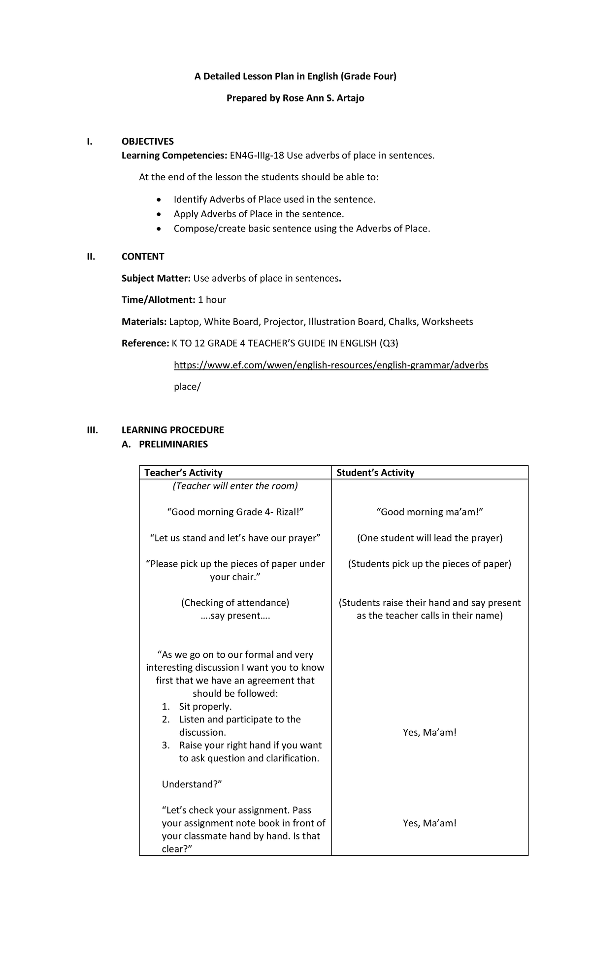 Sample Of Detailed Lesson Plan In English Grade 4 Elementary - Design Talk