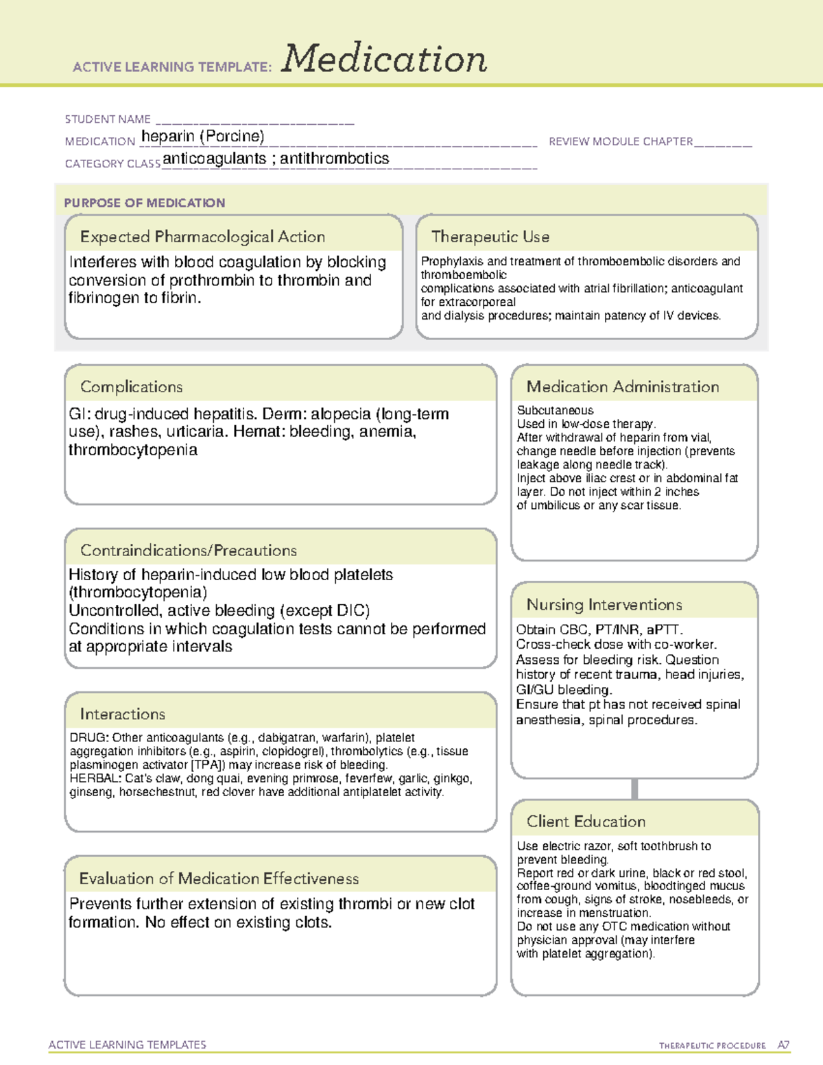 Ati Medication Template Heparin