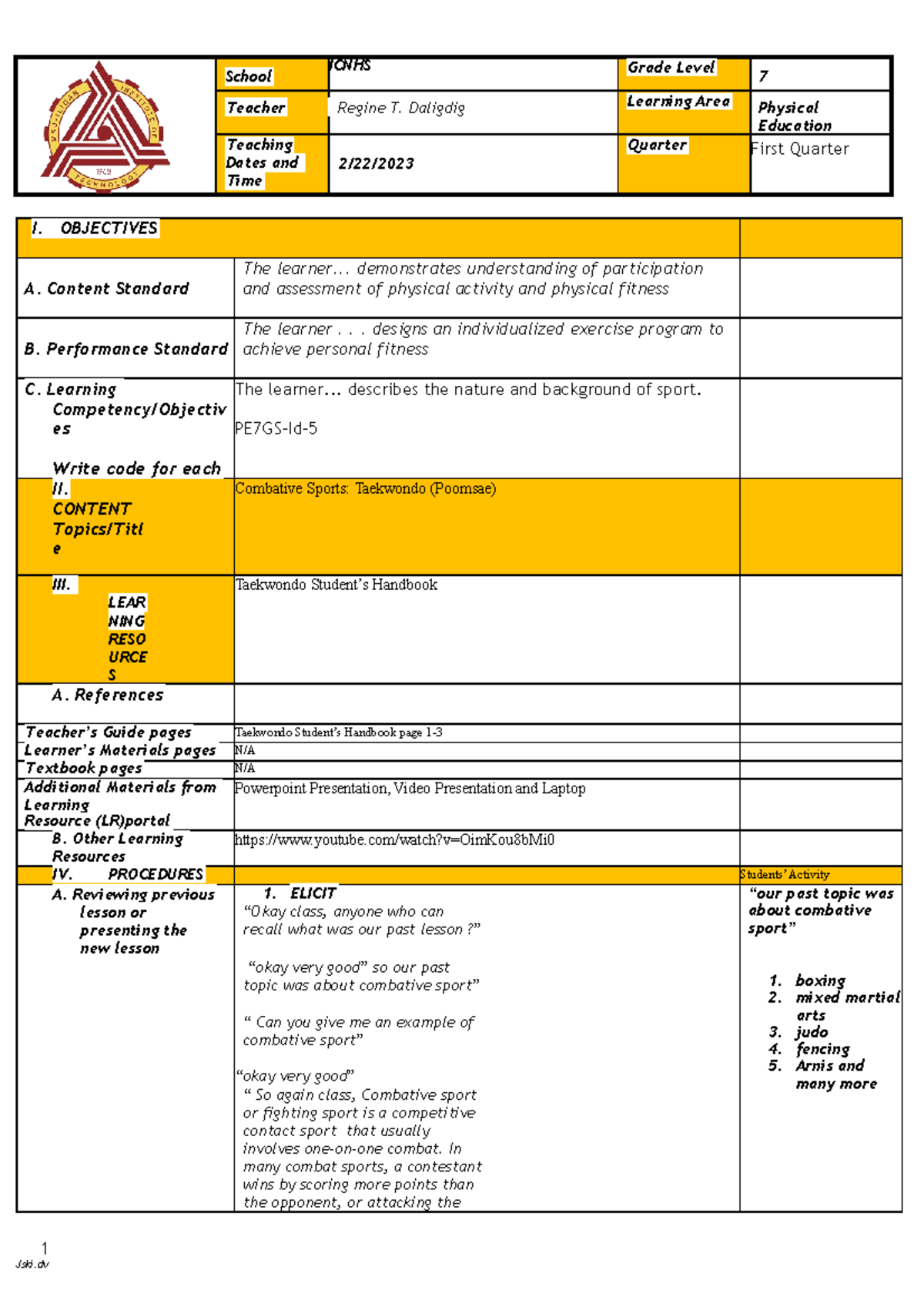 7E Lesson PLAN Template 1 - School ICNHS Grade Level 7 Teacher Regine T ...