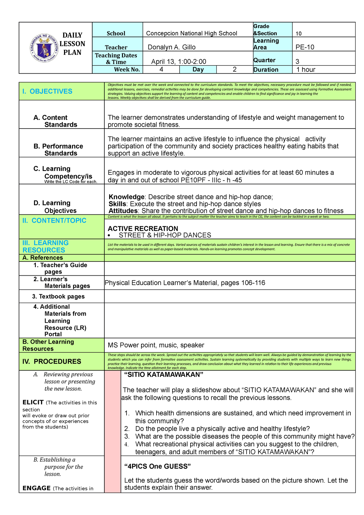 DLP-COT-Q3-PE10 final - DAILY LESSON PLAN School Concepcion National ...