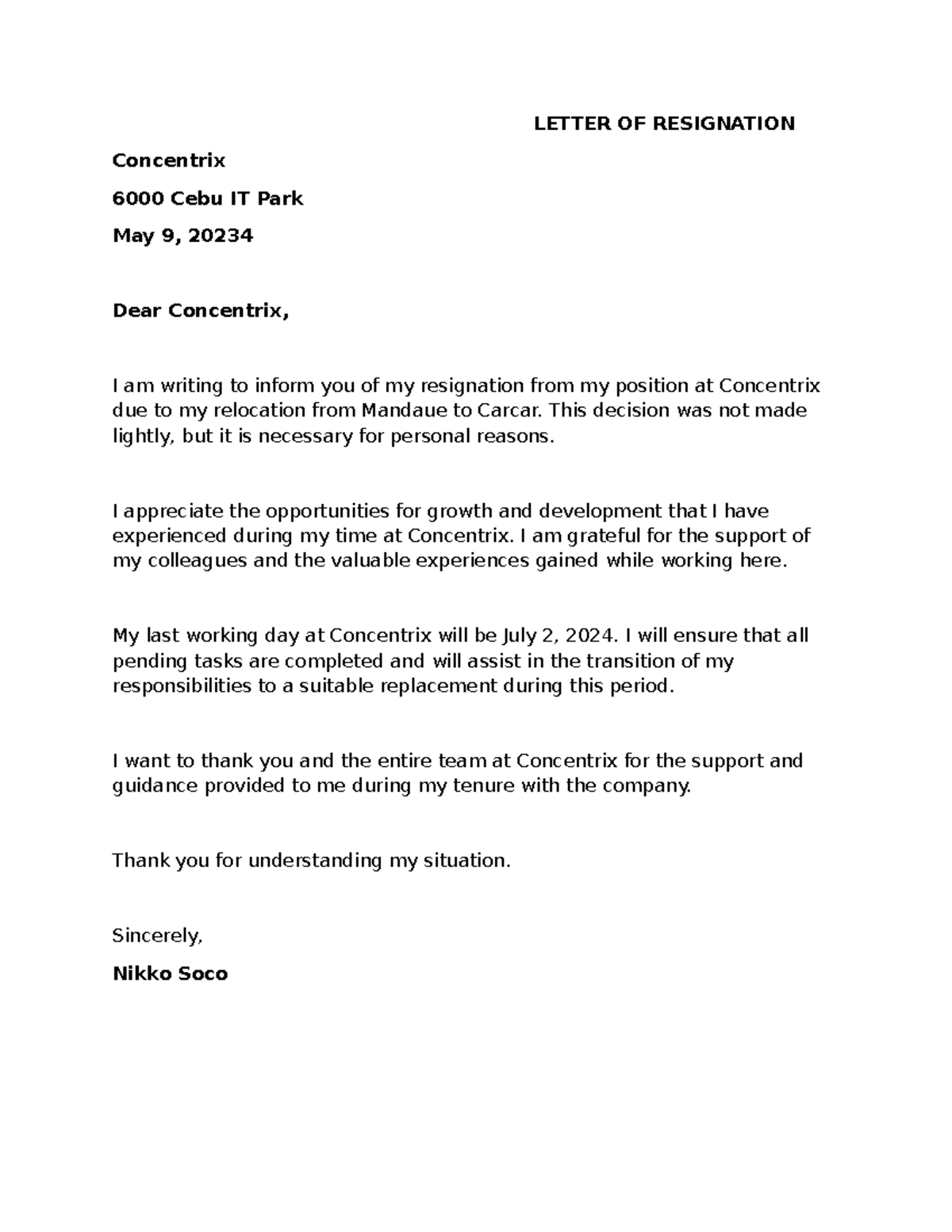 Resignation Letter - study well - LETTER OF RESIGNATION Concentrix 6000 ...