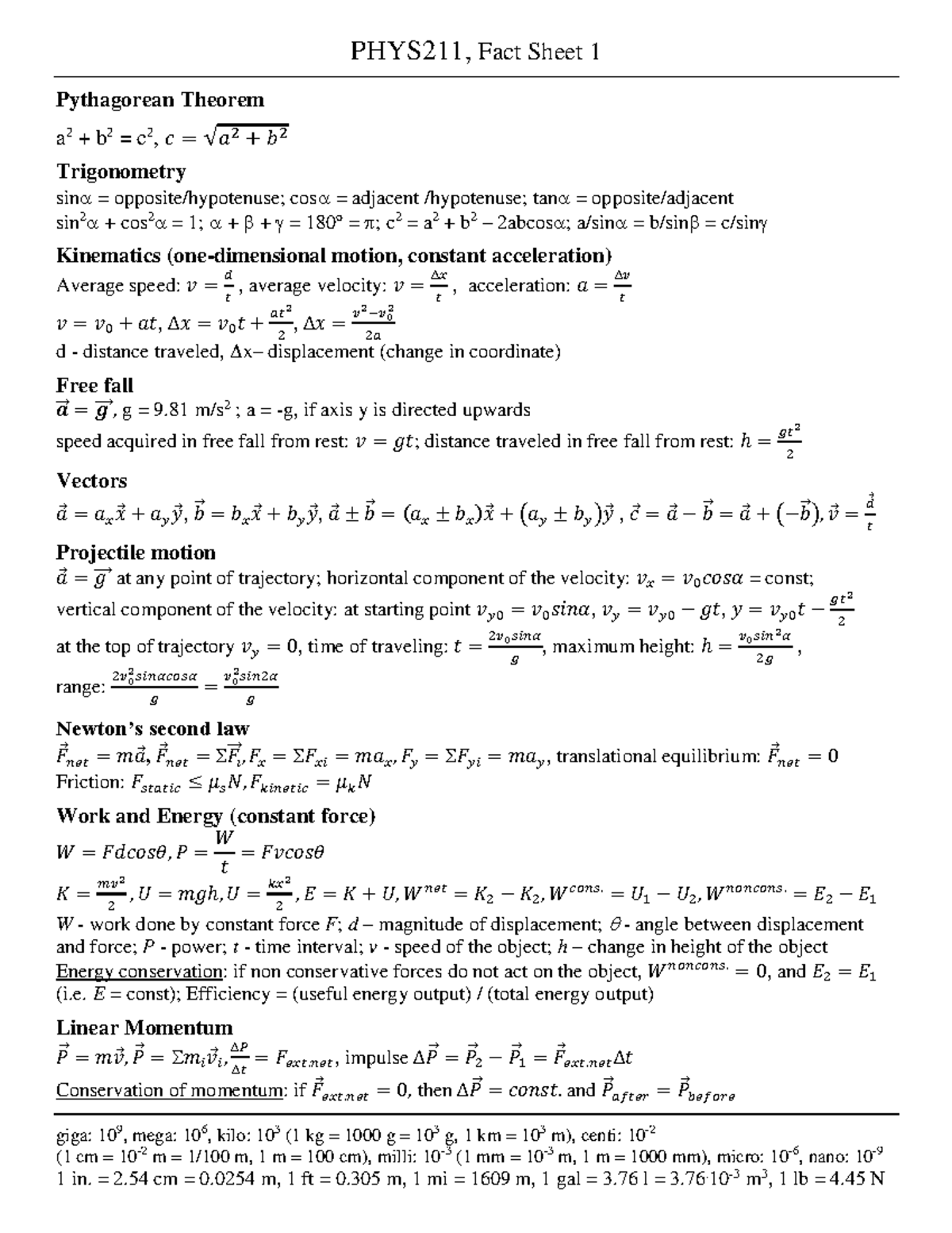 Equations list - PHYS211, Fact Sheet 1 Pythagorean Theorem a 2 + b 2 ...