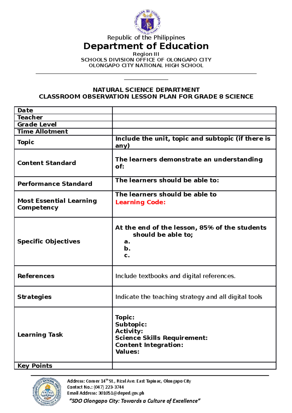 Sample 7E Lesson PLAN Template - Republic of the Philippines Department ...