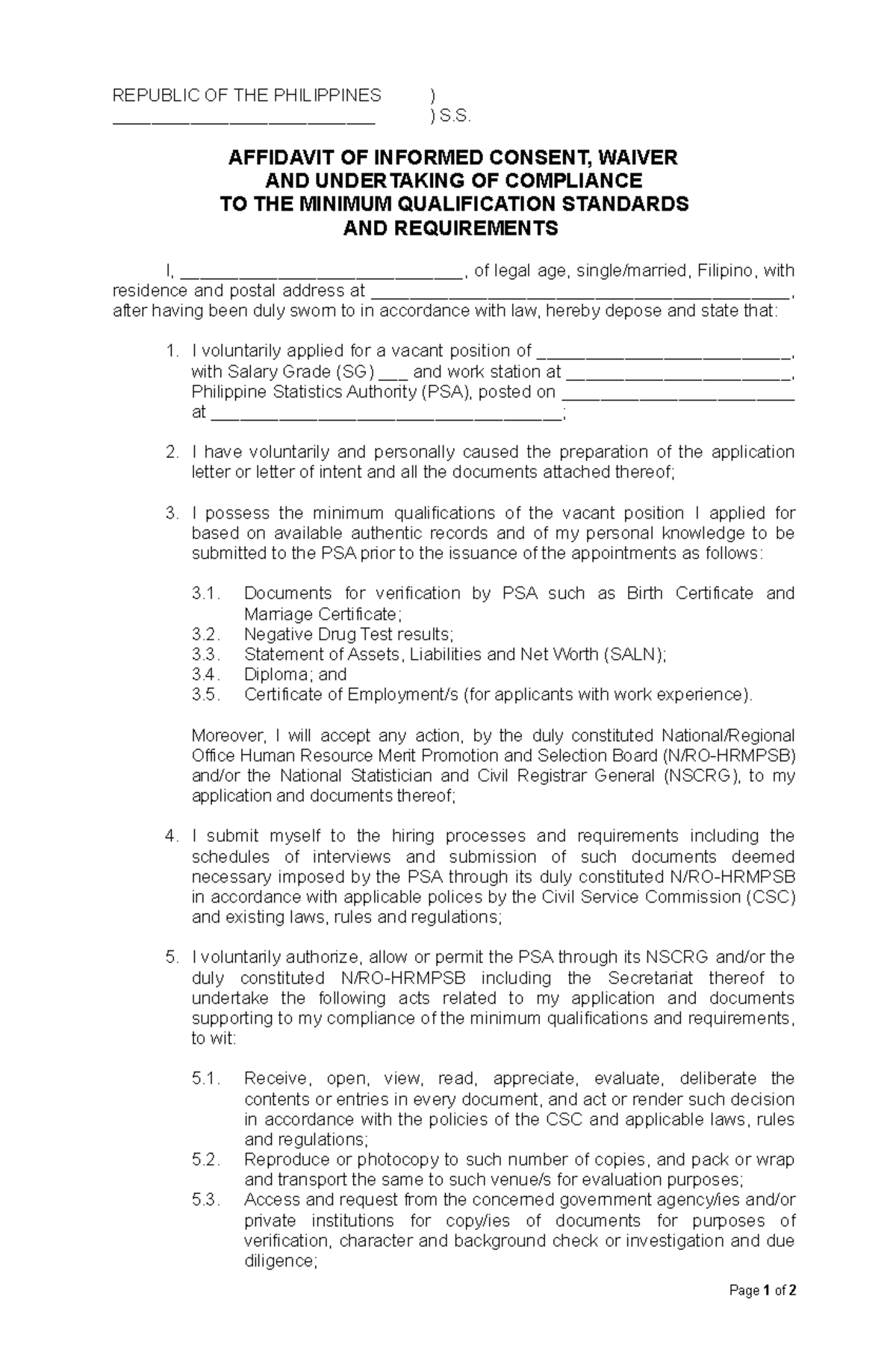 Affidavit Of Informed Consent Waiver And Undertaking Of Compliance To ...