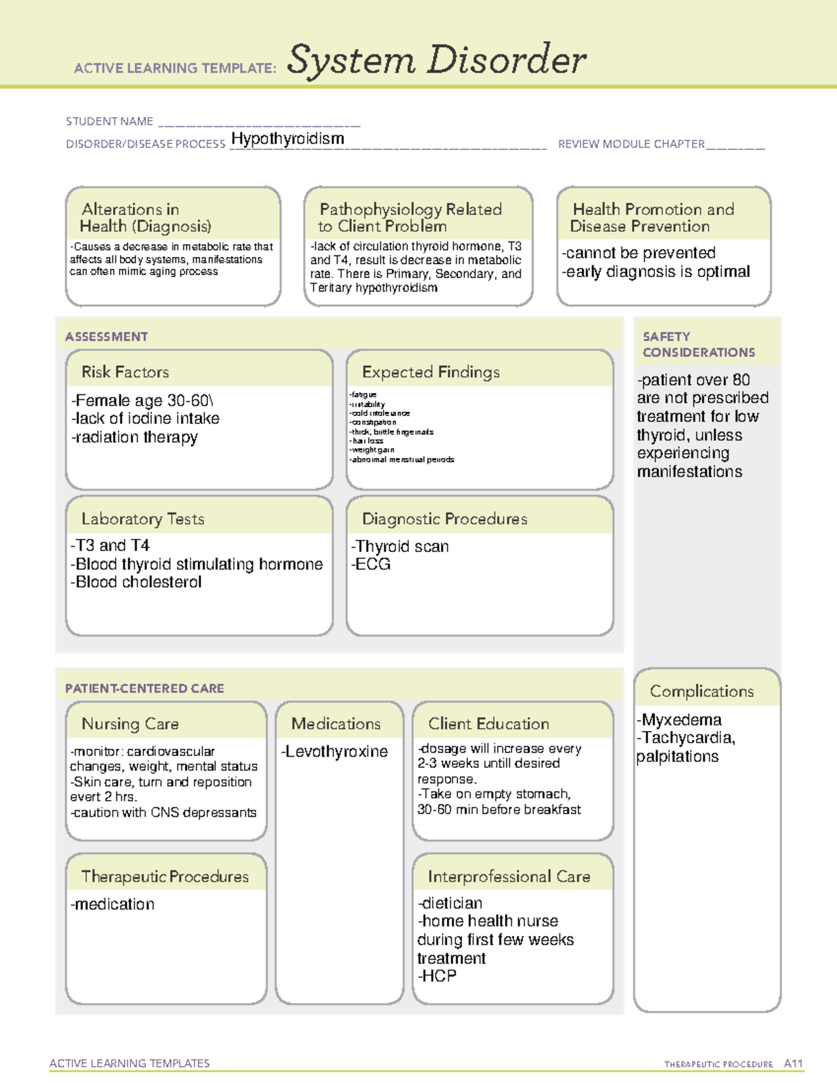 ATI System Disorder Template Hypothyroidism