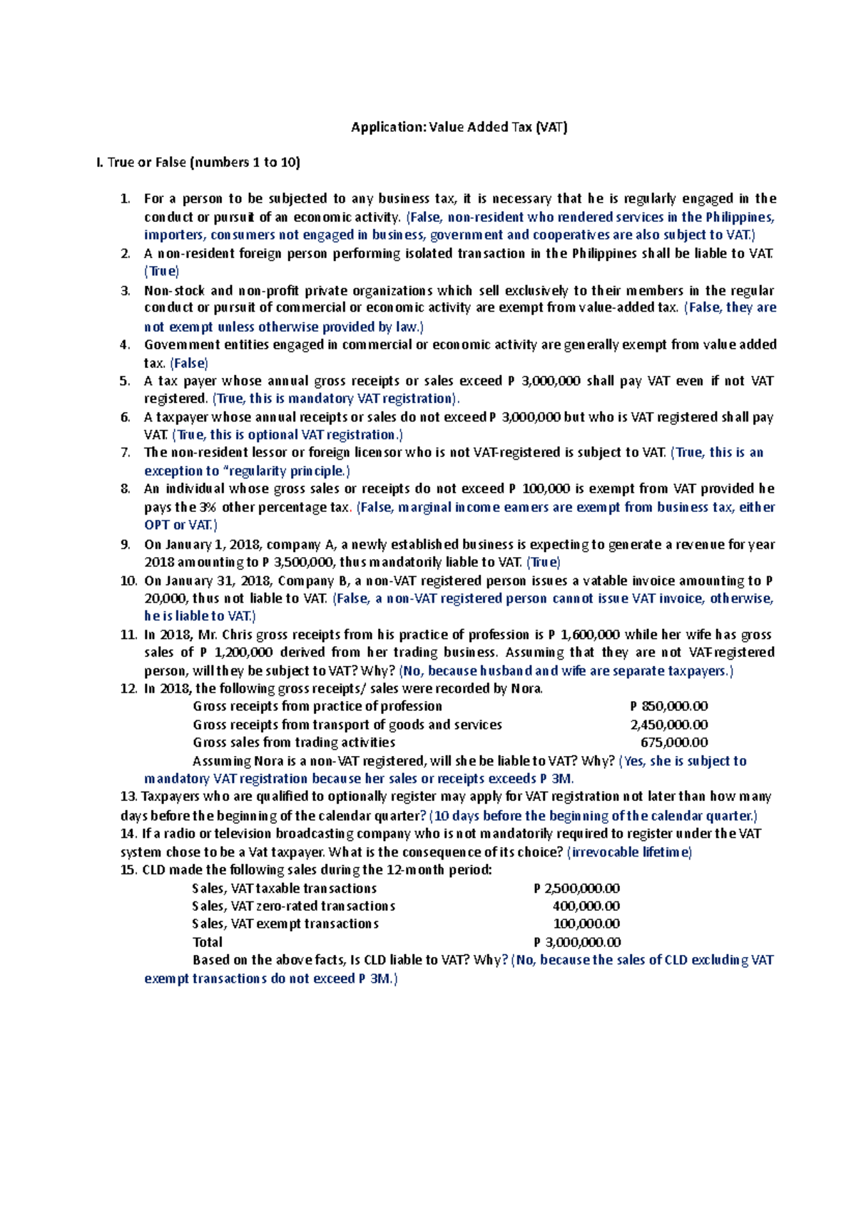 VAT Ansers and Solution - Application: Value Added Tax (VAT) I. True or ...