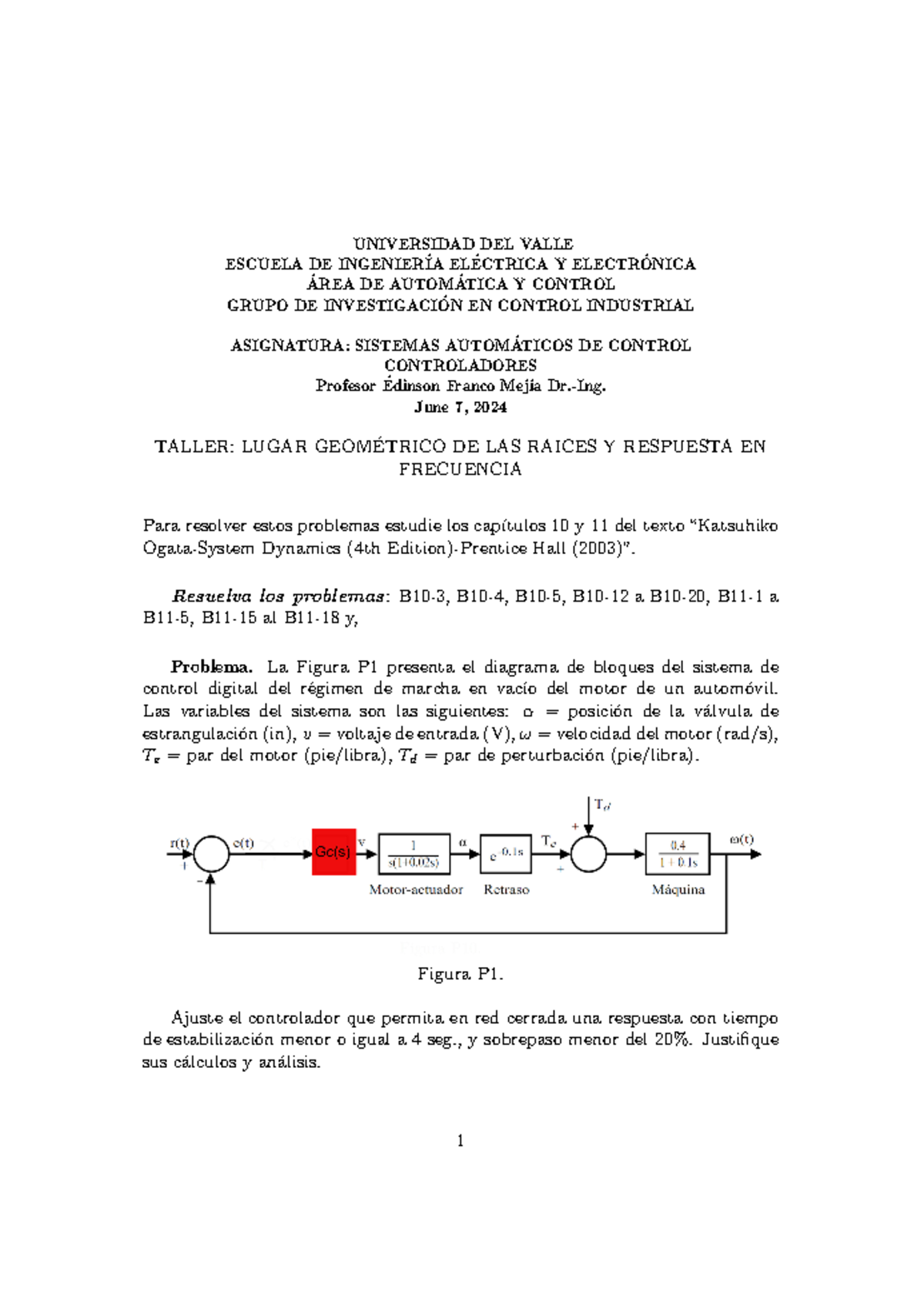 Taller Sistemas de Control - UNIVERSIDAD DEL VALLE ESCUELA DE INGENIER ...