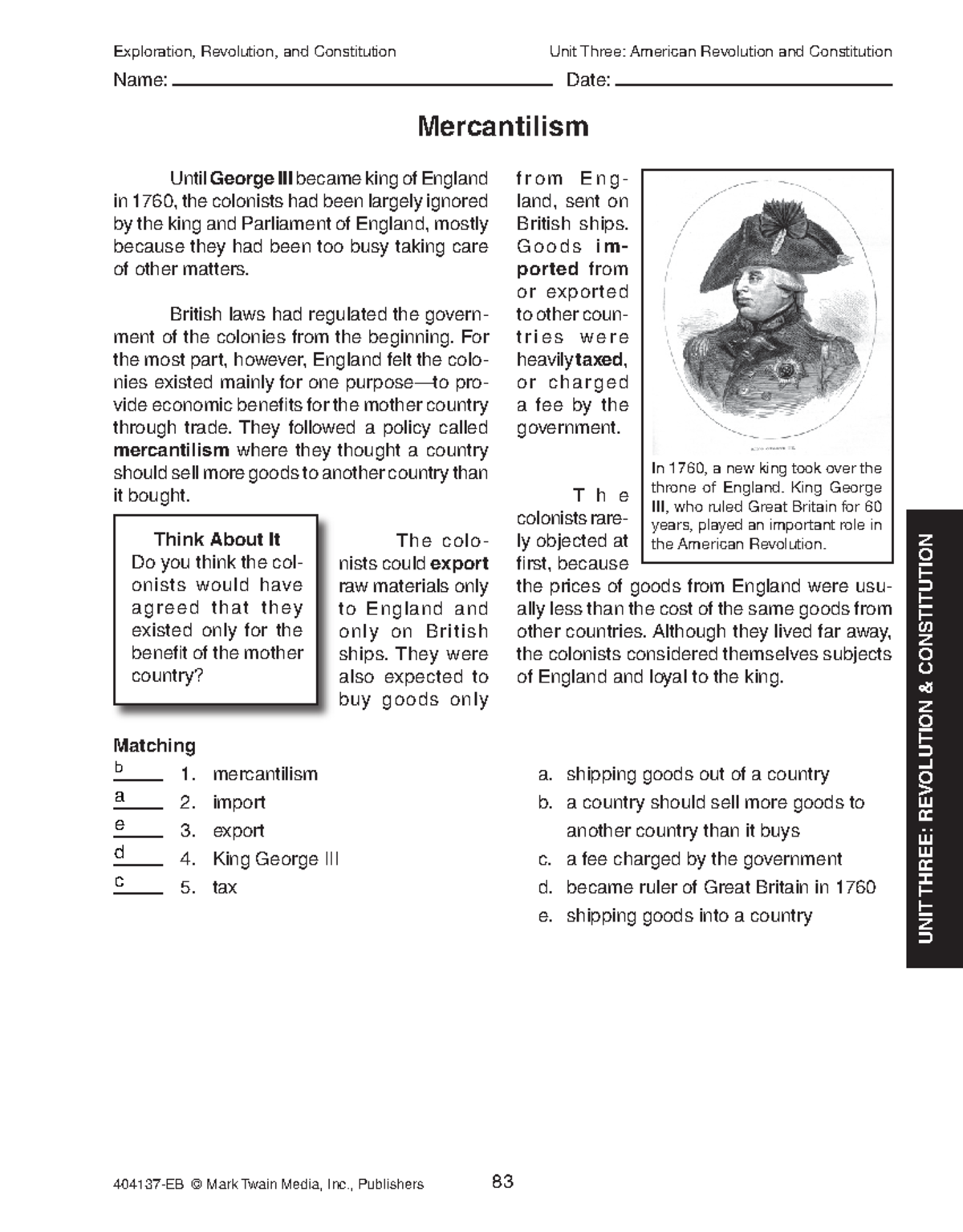 Mercantilism Worksheet - 404137-EB © Mark Twain Media, Inc., Publishers ...