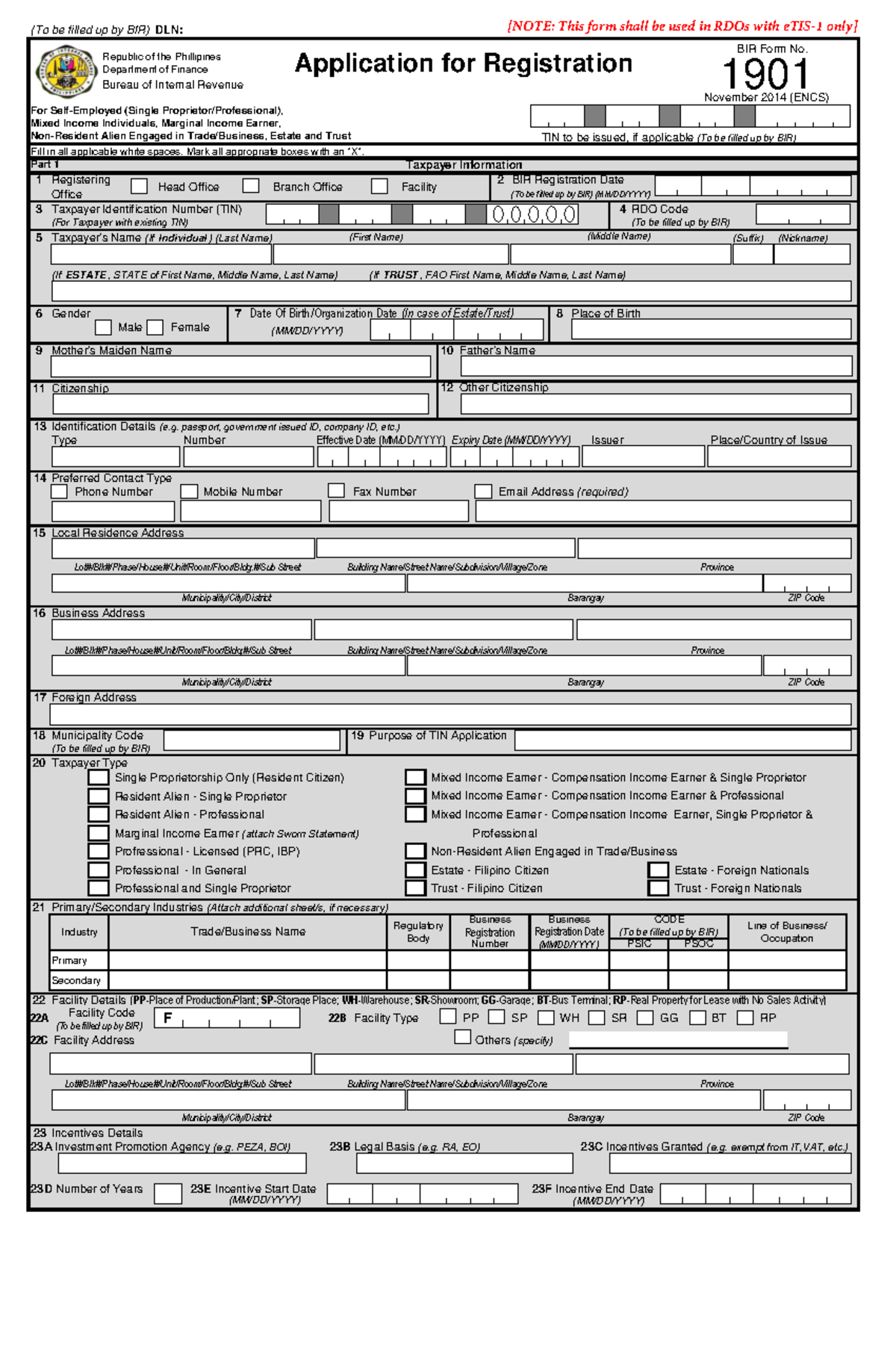 Birform 1901etis1 - Bir1901 - (To be filled up by BIR) DLN: For Self ...